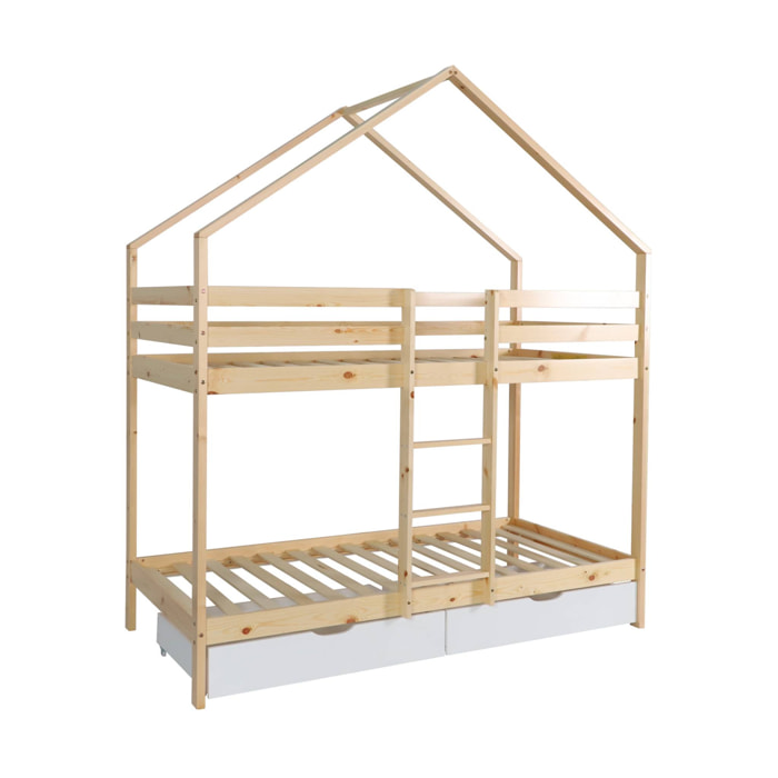Lit enfant superposé cabane 90 x 190 cm pin naturel avec tiroirs de rangement ROYA