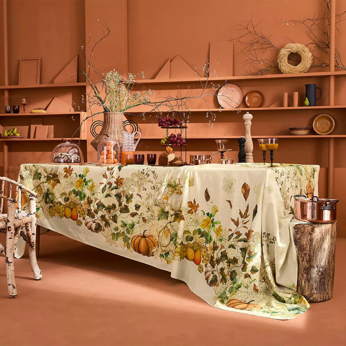 Nappe lin & coton lavé 190 g/m² imprimé beige orange Delices d'automne potiron
