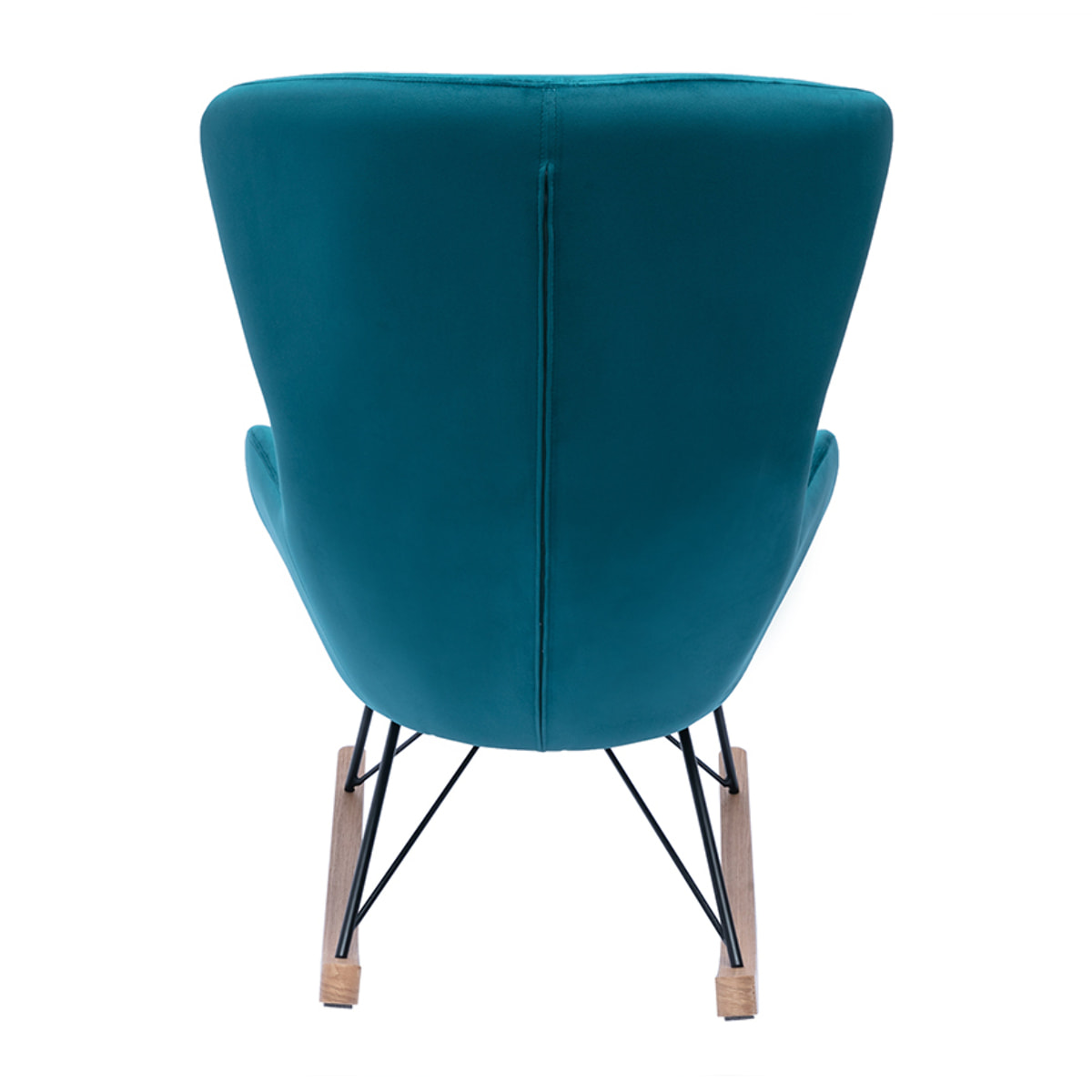 Rocking chair design en tissu velours bleu canard, métal noir et bois clair ESKUA