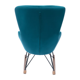 Rocking chair design en tissu velours bleu canard, métal noir et bois clair ESKUA