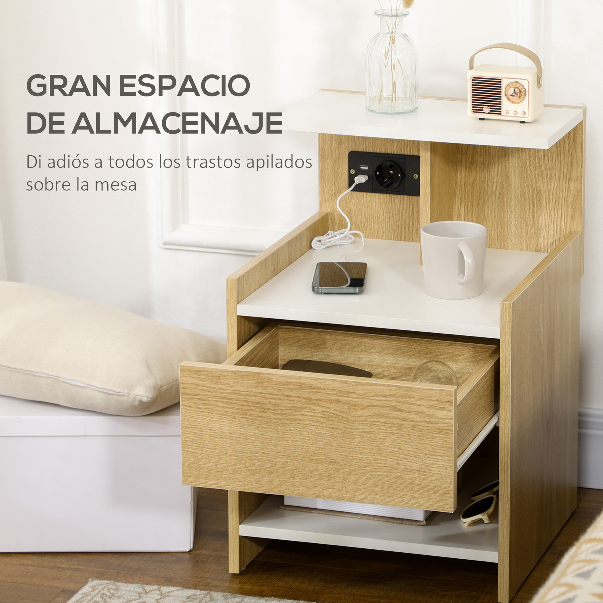 Mesita de Noche Moderna Mesilla de Noche con Puertos USB Toma de Corriente Cajón y Estantes Mesa de Noche para Dormitorio Salón 40x40x60 cm Natural