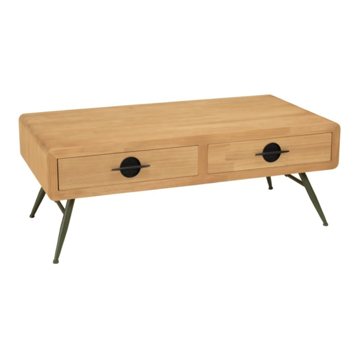 HELENA - Table basse 2 tiroirs pin couleur naturelle pieds métal vert
