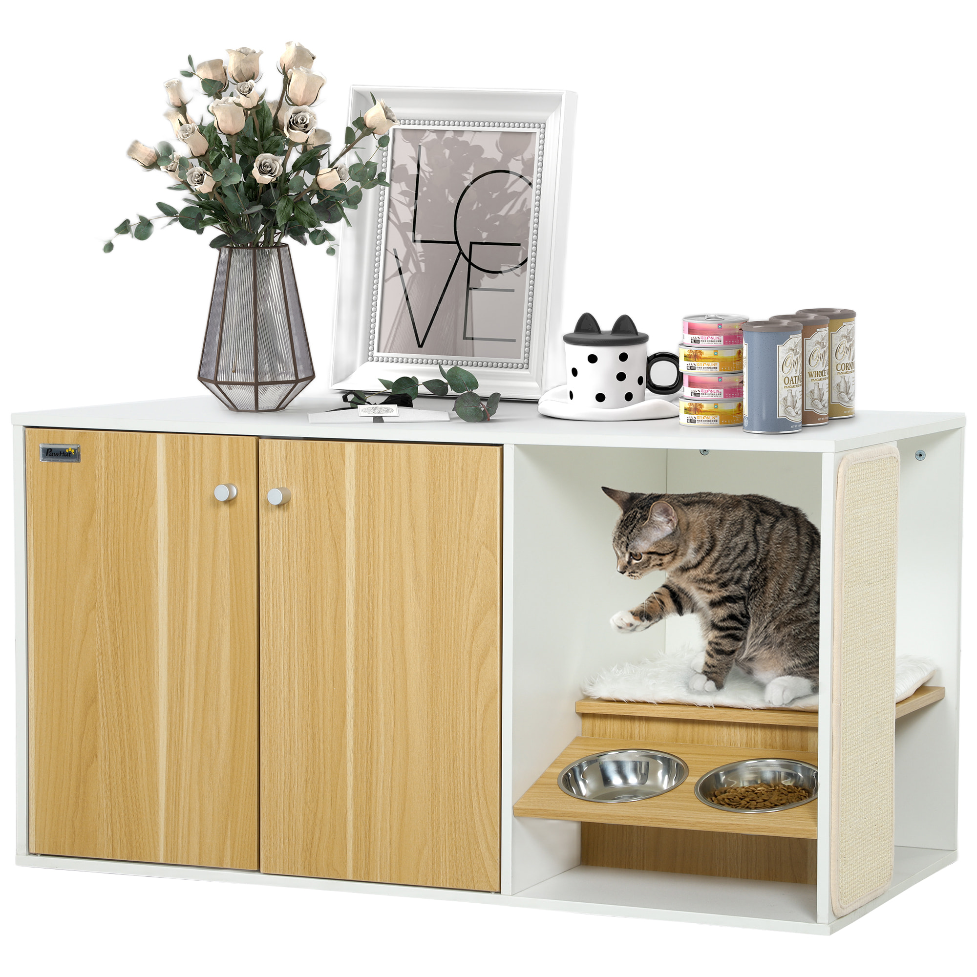 Mueble Arenero para Gatos 3 en 1 Nido Mesa Auxiliar Caja de Arena para Gatos con Puertas Cojín Tazones Estera para Rascar y Compartimento para Salón Dormitorio 95x48x50,5 cm Blanco y Roble