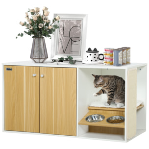 Mueble Arenero para Gatos 3 en 1 Nido Mesa Auxiliar Caja de Arena para Gatos con Puertas Cojín Tazones Estera para Rascar y Compartimento para Salón Dormitorio 95x48x50,5 cm Blanco y Roble