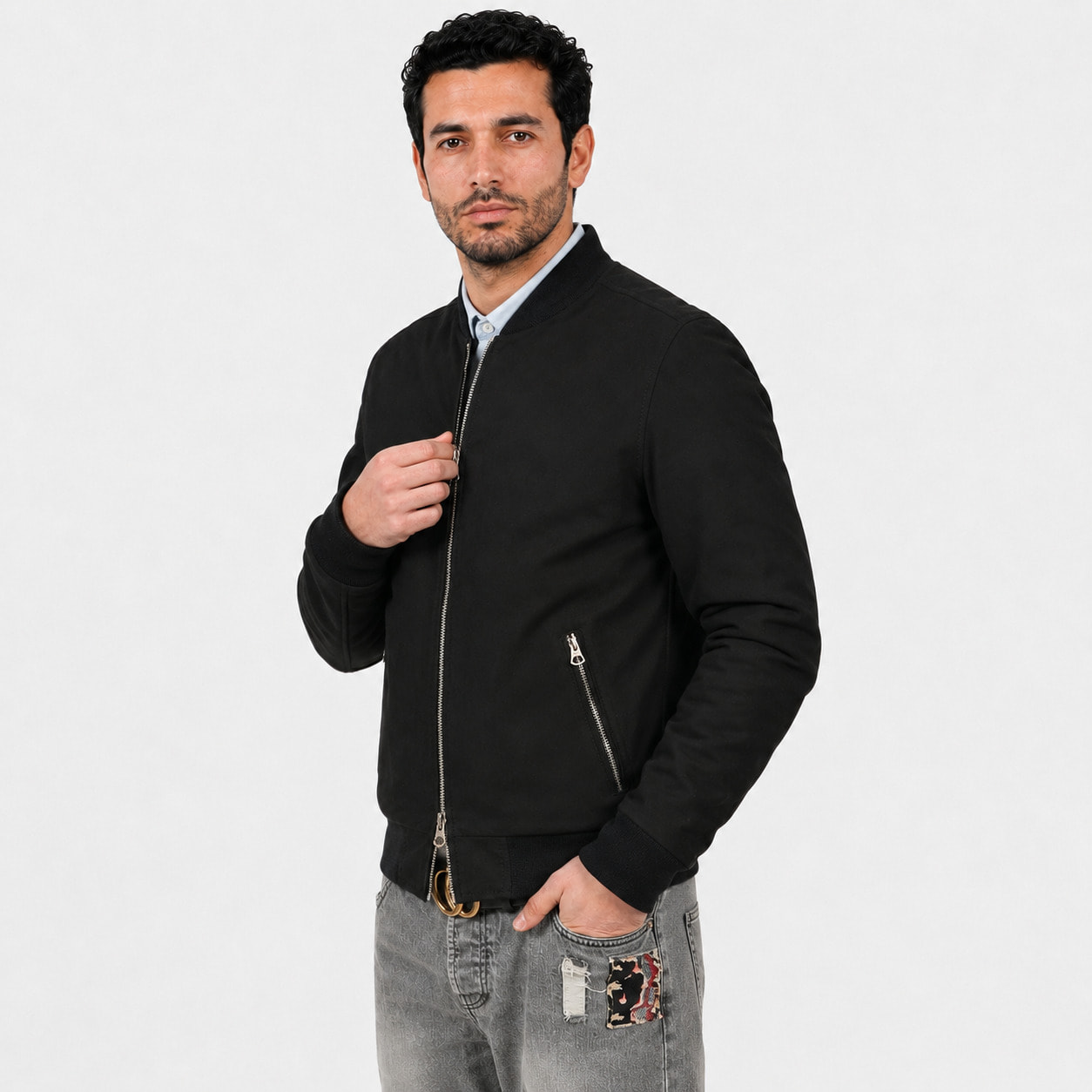Giubbino in vera pelle di vitello scamosciata Nero-Slim Fit