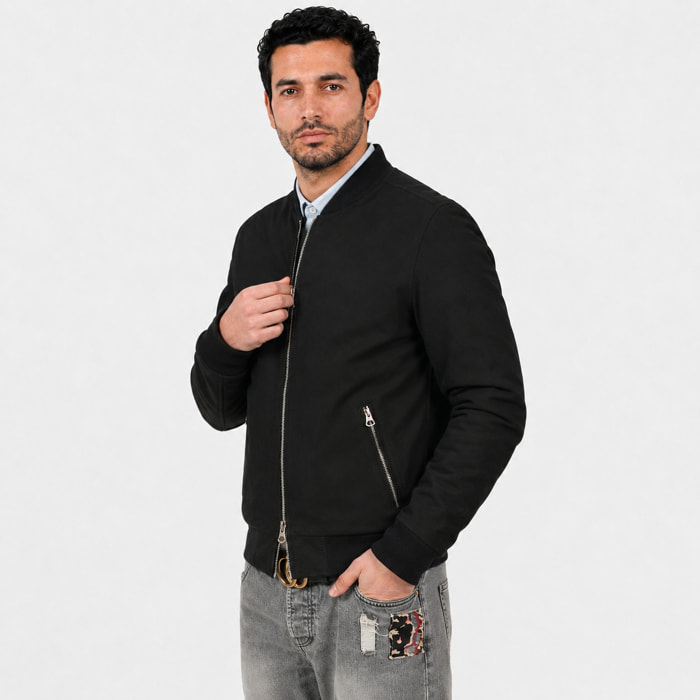 Giubbino in vera pelle di vitello scamosciata Nero-Slim Fit