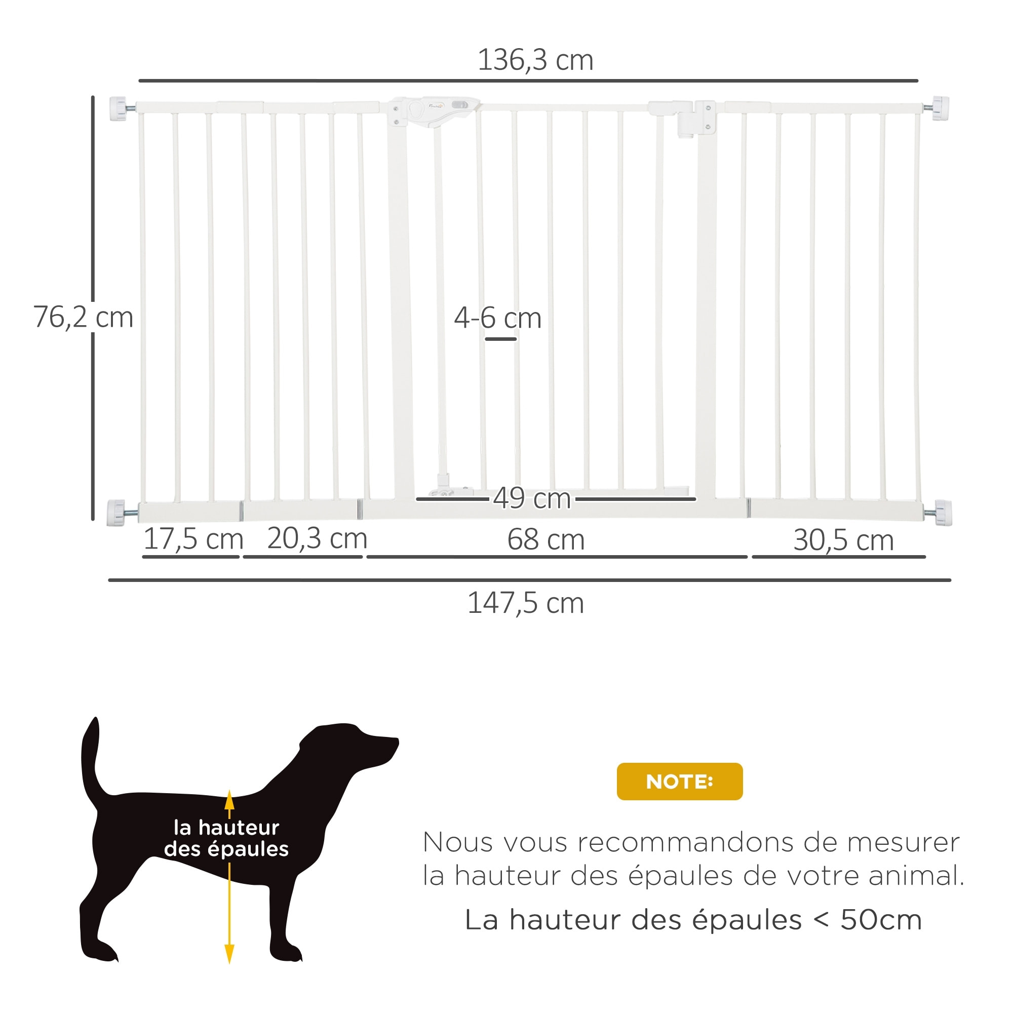 Barrière de sécurité pliable pour chien - 3 panneaux, porte verrouillable - dim. 206L x 120H cm - acier PP blanc