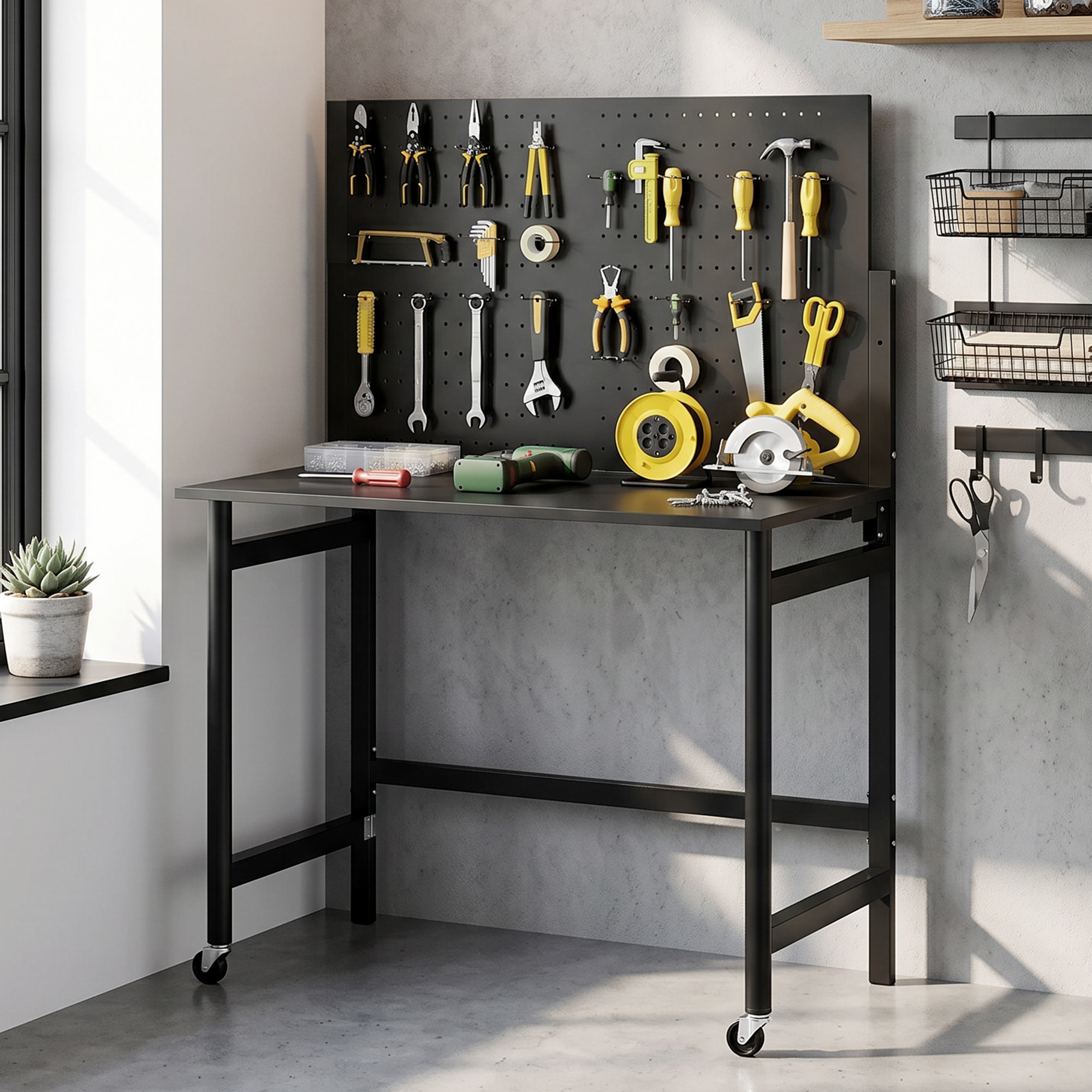 Banco de Trabajo Plegable con Tablero Perforado y Ruedas, Mesa de Trabajo Plegable con Ganchos, Marco de Acero, Banco para Garaje o Taller, 115x62x143,5 cm, Negro