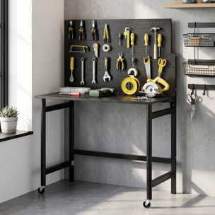 Banco de Trabajo Plegable con Tablero Perforado y Ruedas, Mesa de Trabajo Plegable con Ganchos, Marco de Acero, Banco para Garaje o Taller, 115x62x143,5 cm, Negro