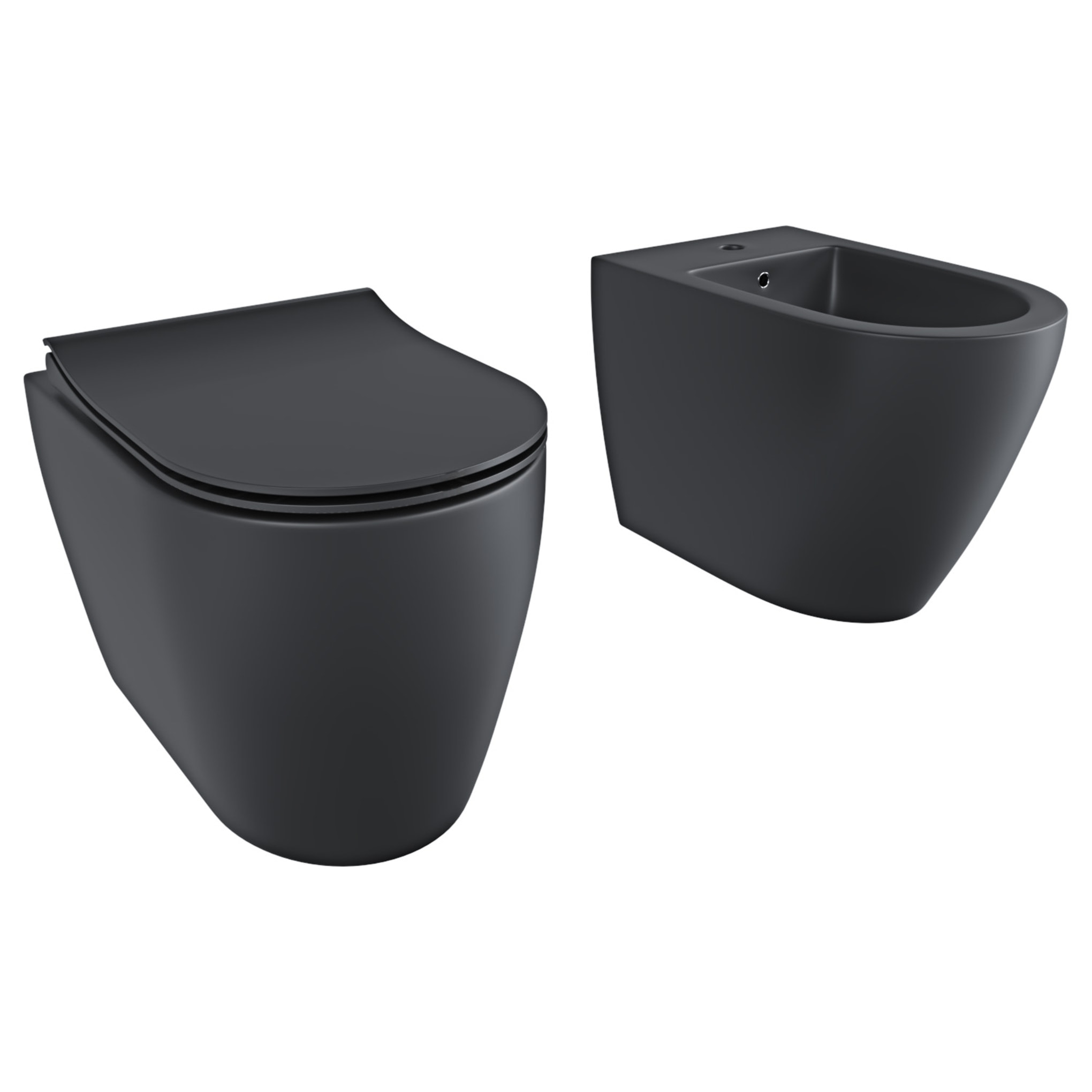 Coppia Sanitari Filomuro Filo Muro Filo Parete Vaso WC E Bidet Design Moderno Ceramica Copriwater Chiusura Soft Close Chiusura Rallentata Nero Opaco