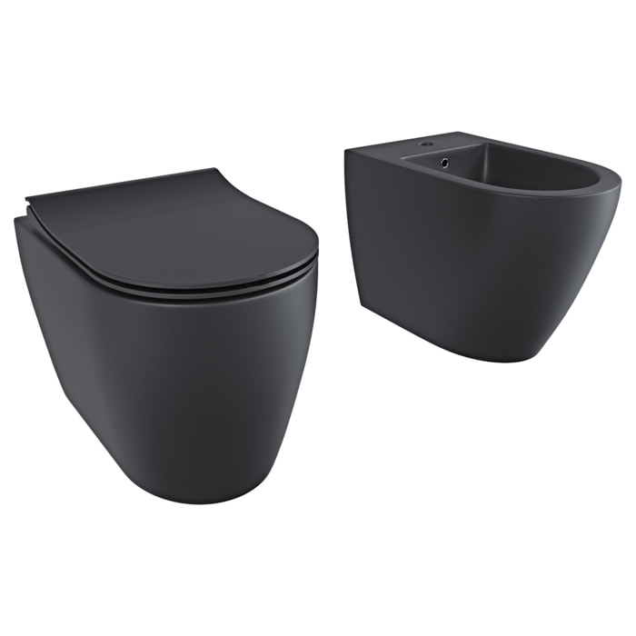 Coppia Sanitari Filomuro Filo Muro Filo Parete Vaso WC E Bidet Design Moderno Ceramica Copriwater Chiusura Soft Close Chiusura Rallentata Nero Opaco