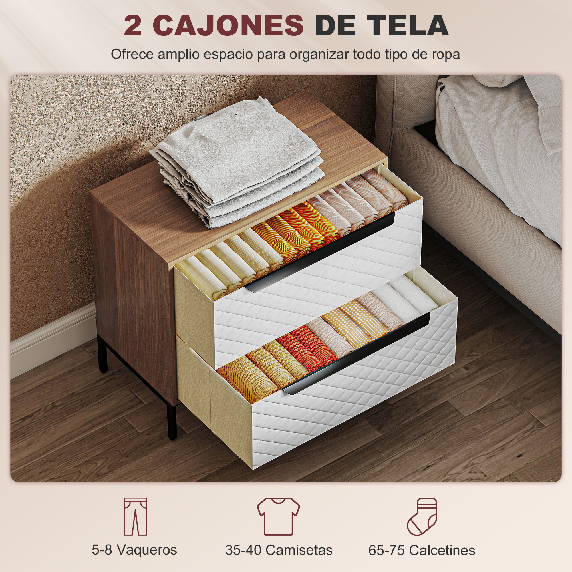 Cómoda con 2 Cajones de Tela, Cómoda para Dormitorio, Frentes con Patrón de Diamante, Cajonera para Salón, Oficina, Vestidor, Natural y Blanco