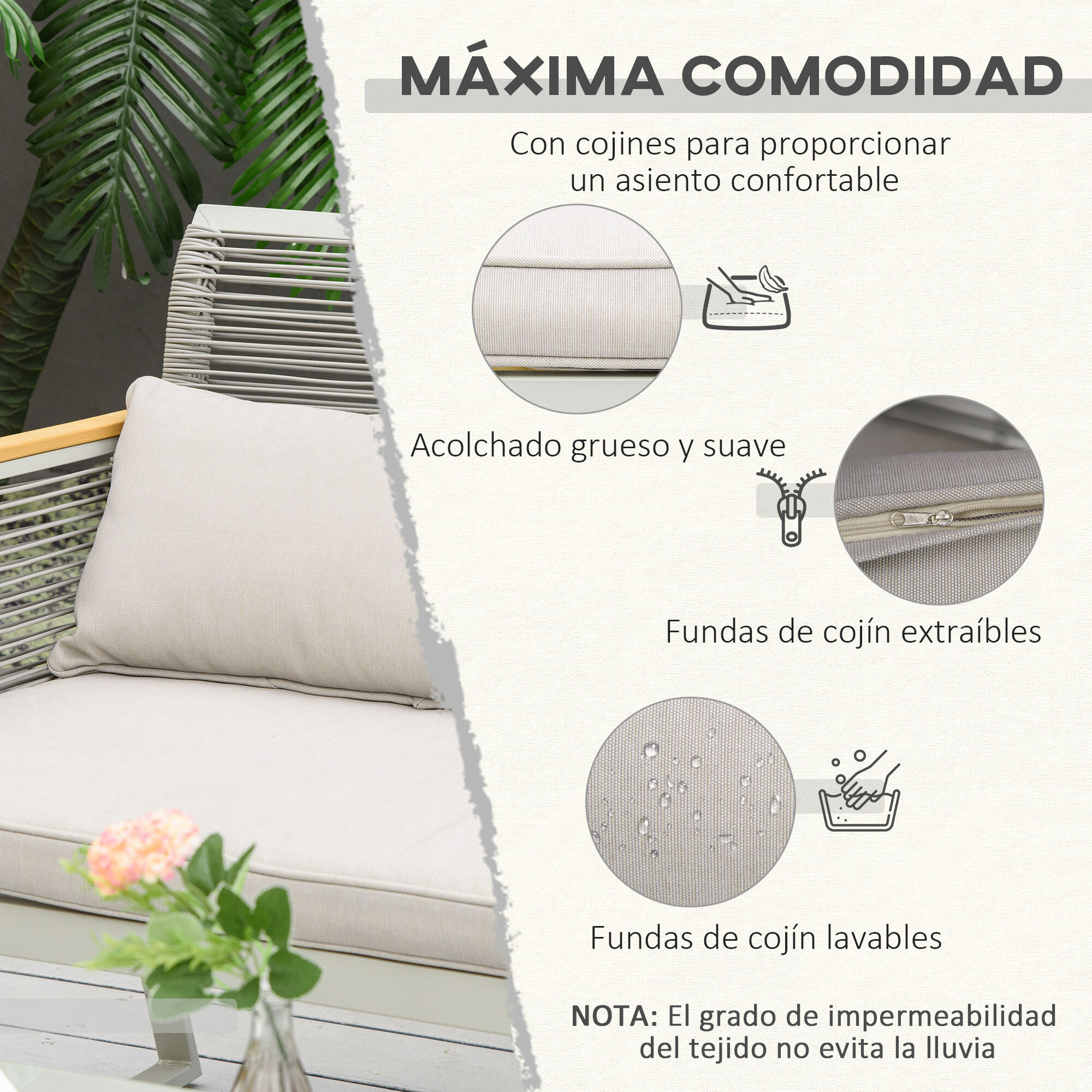 Conjunto de Muebles de Jardín de Ratán 4 Piezas Sofá Doble 2 Sillones Individuales y Mesa de Café de Vidrio con Cojines Desenfundables para Exterior Terraza Gris