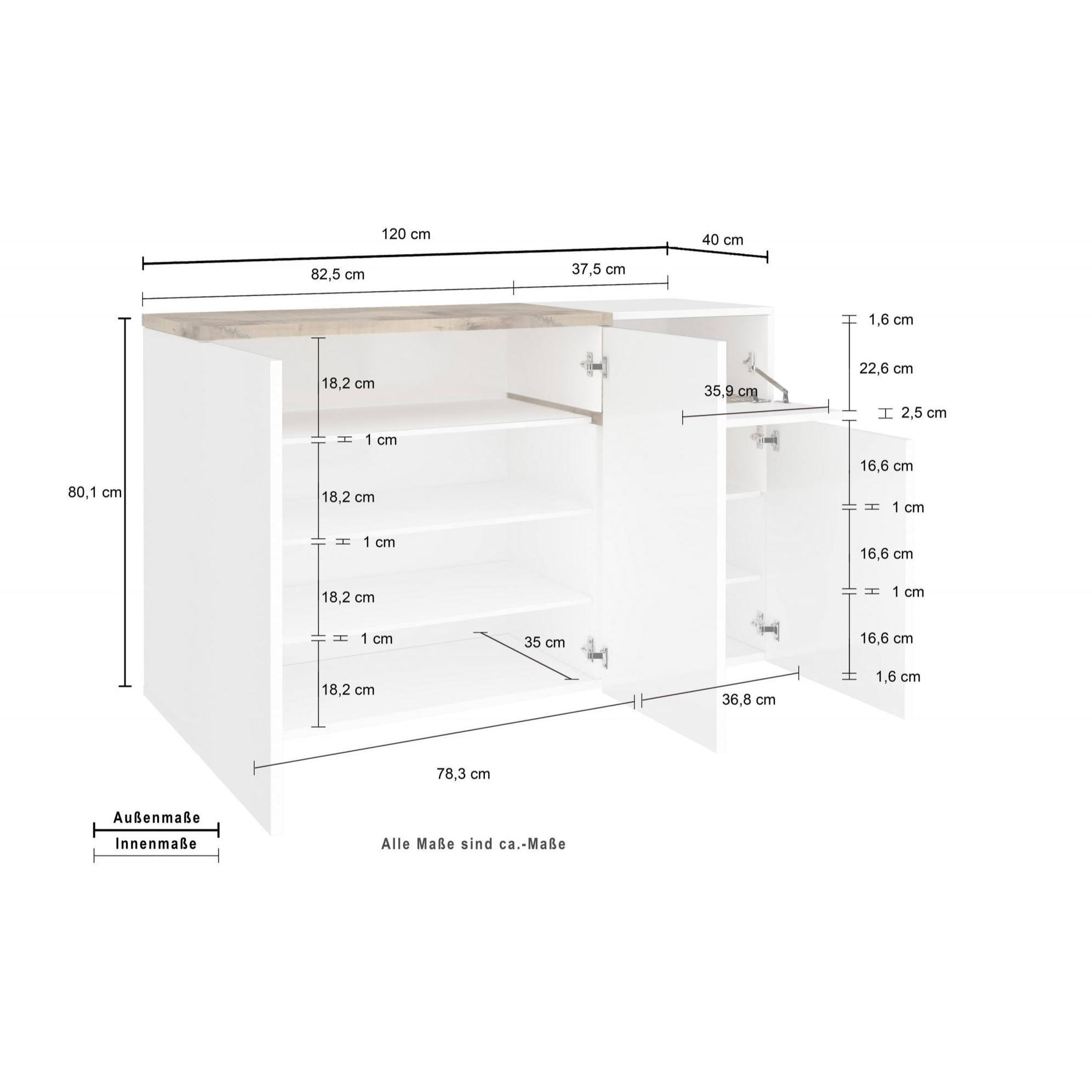 Scarpiera moderna, Made in Italy, 3 ante e 1 anta a ribalta, Portascarpe da ingresso, cm 120x40h80, colore Bianco lucido e Acero