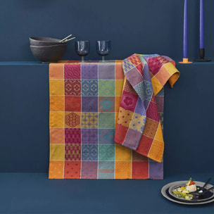 Torchon pur coton motif jacquard orange violet Mille hana floralies