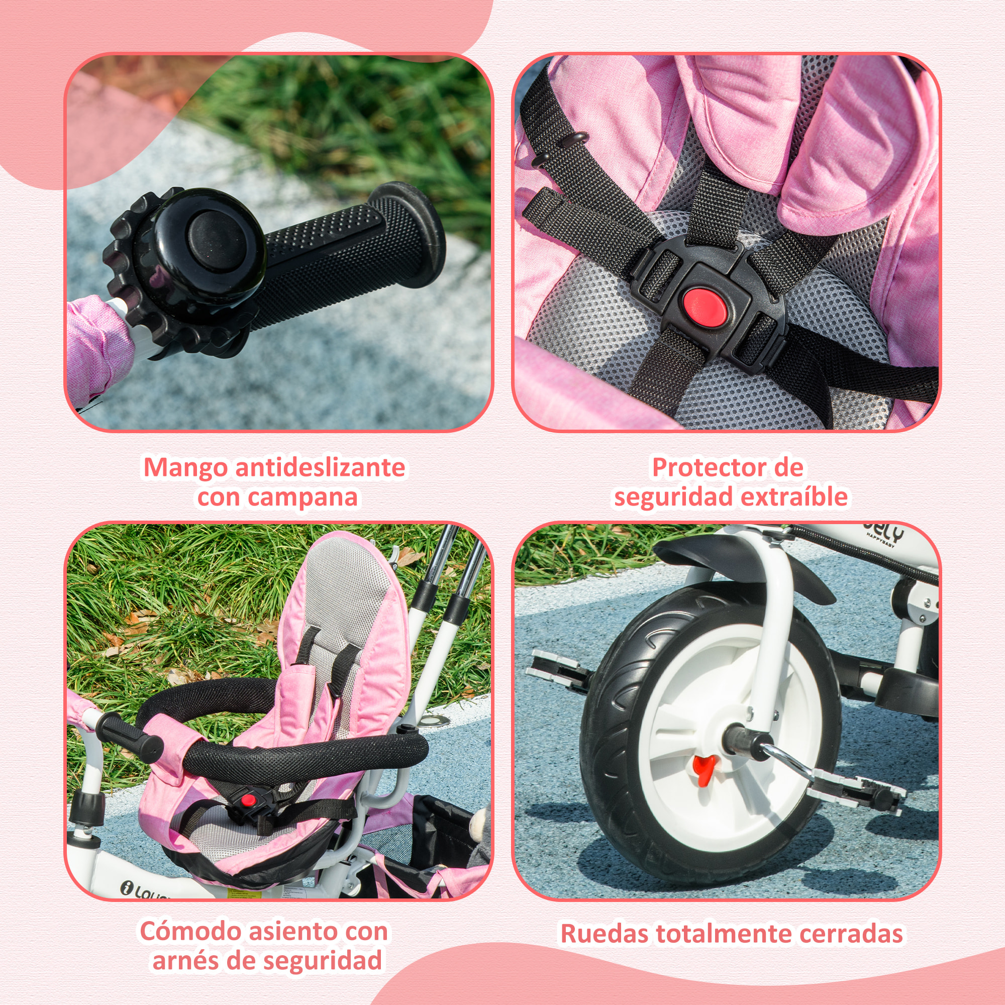 Triciclo Evolutivo para Bebés 6 en 1 Triciclo para Niños de 1-5 Años Bicicleta para Niños con Toldo Plegable Mango Telescópico Desmontable Cinturón de Seguridad y Cesto 95x50x106 cm Rosa
