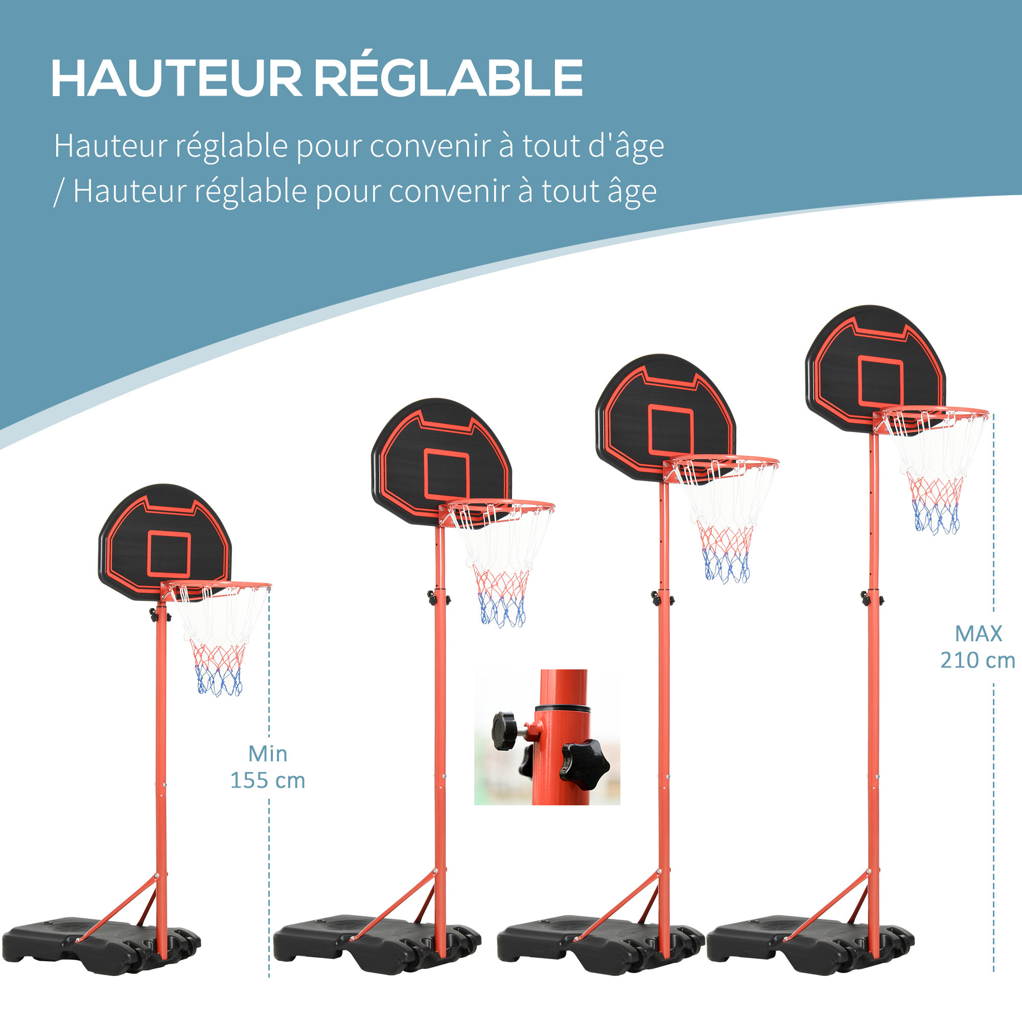 Panier de Basket-Ball sur pied avec poteau panneau, base de lestage sur roulettes hauteur réglable 1,55 - 2,1 m rouge noir