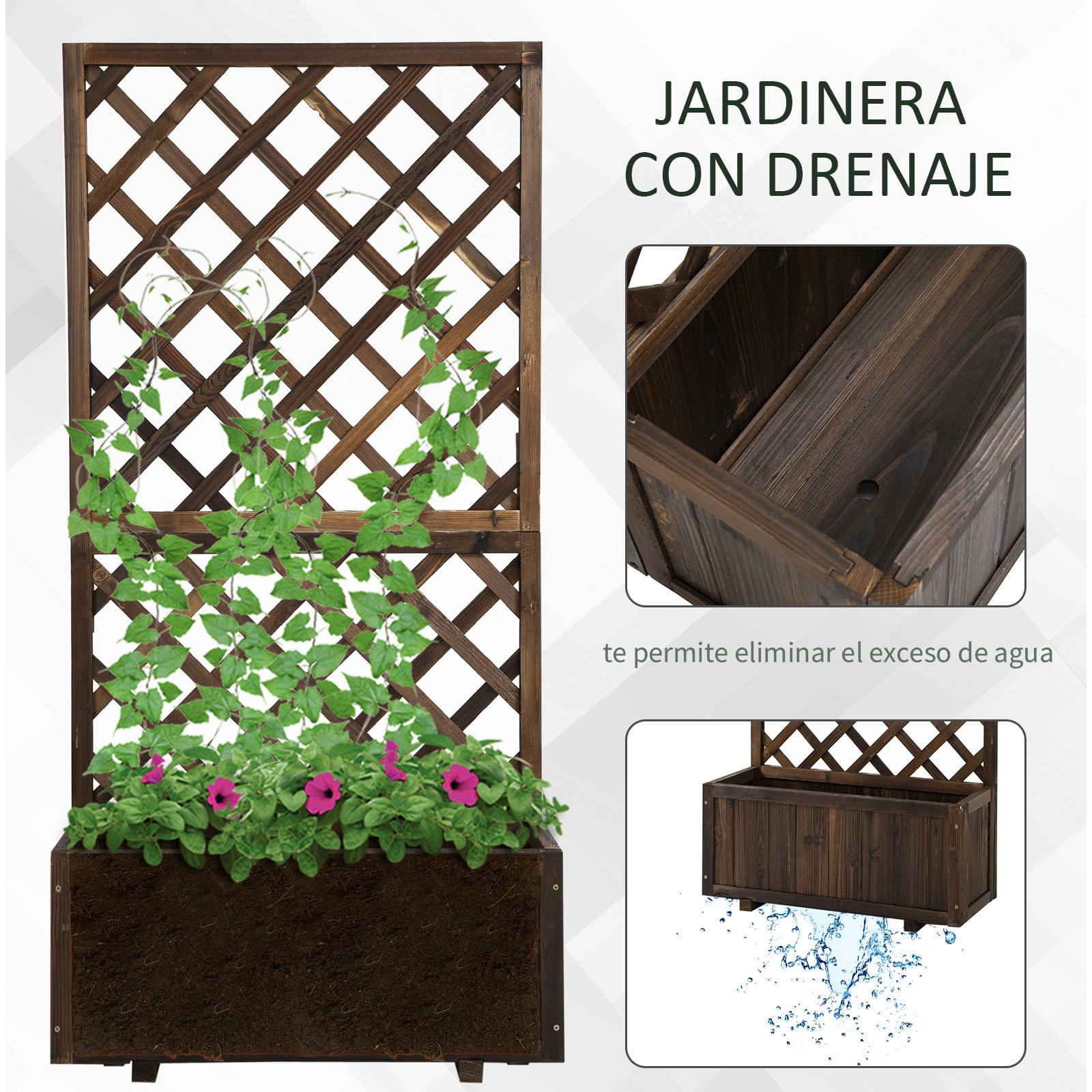 Jardinera con Enrejado de Madera Maciza Macetero de Jardín con Soporte para Trepadora para Cultivo de Plantas Flores 72,5x31,5x149,5 cm Carbonizado