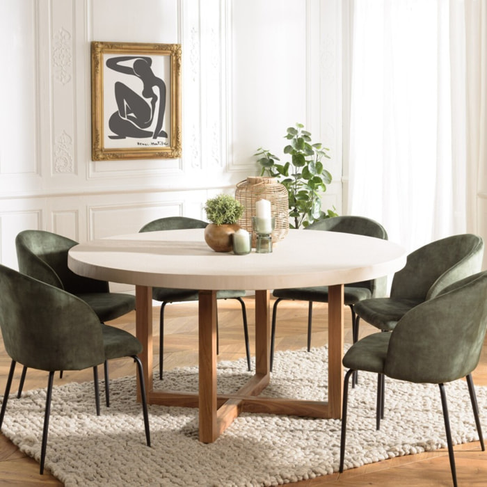 DAK - Table à manger ronde 153x153cm béton beige pieds croisés en teck