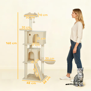 Árbol Rascador para Gatos, Árbol para Gatos 160 cm, Torre Escalador con Múltiples Plataformas, Cama, 2 Cuevas, Hamaca, Escalera, Postes de Sisal, Bolas para Jugar, Beige