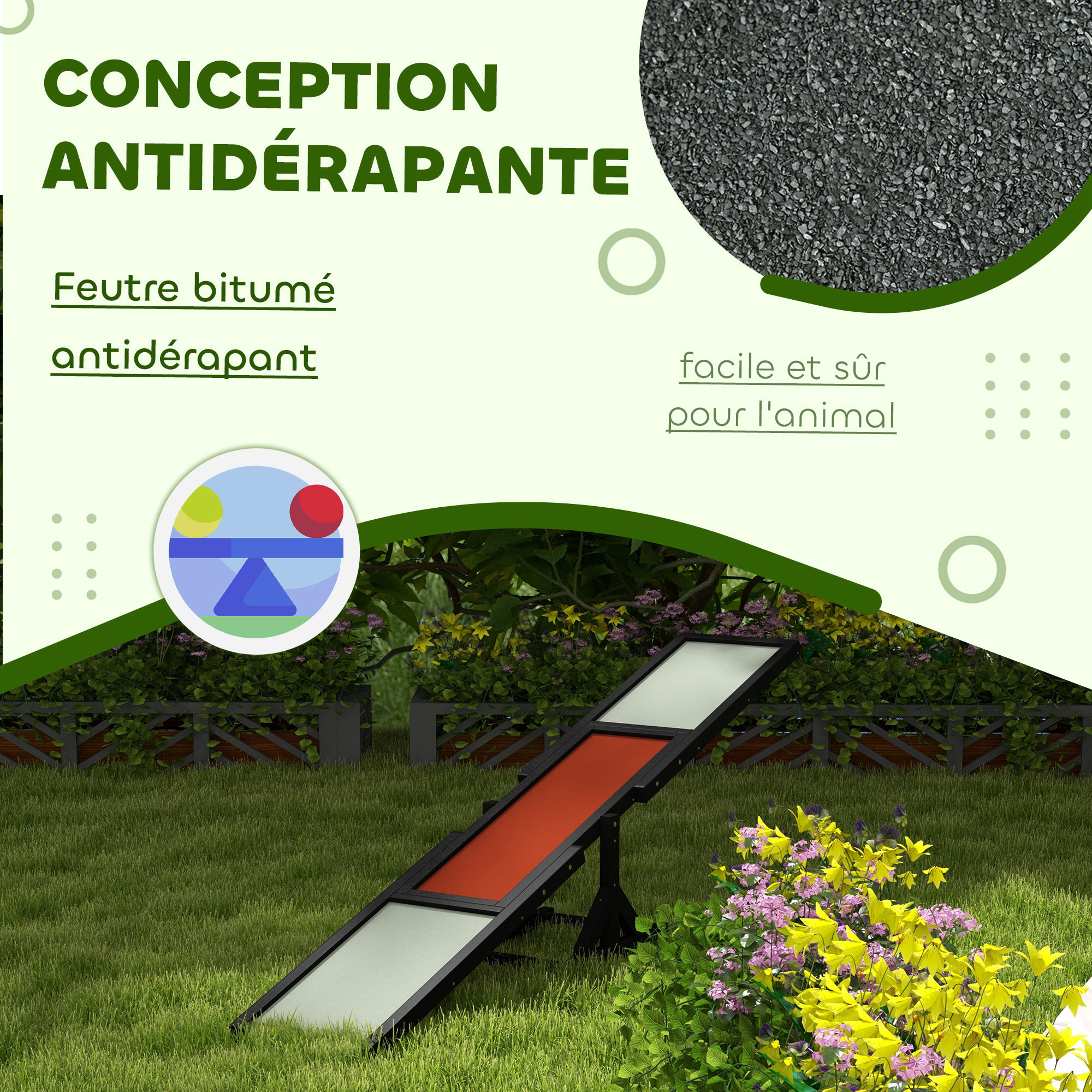 Agility sport pour chien bascule - bascule pour chien - équipement entrainement chien - bois sapin pré-huilé feutre bitumé antidérapant noir blanc