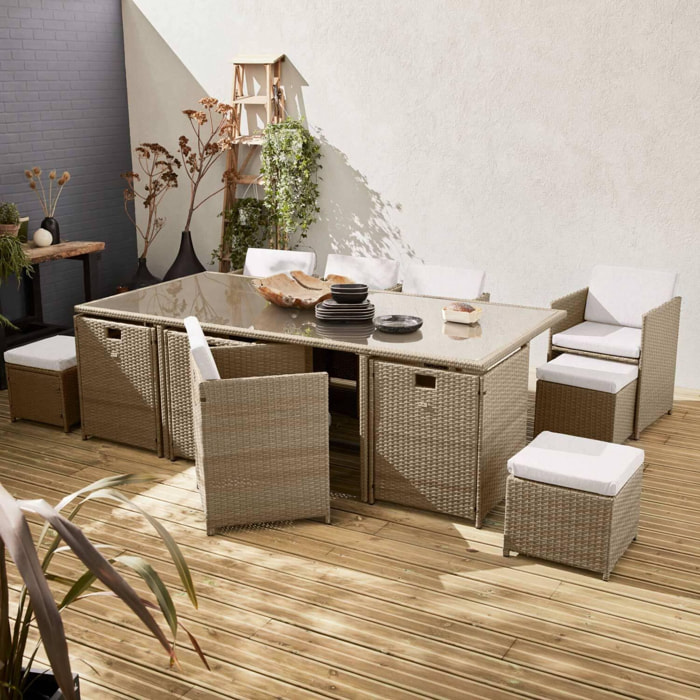Salon de jardin 8-12 places – Vabo – Coloris Beige. Coussins Beige. table encastrable