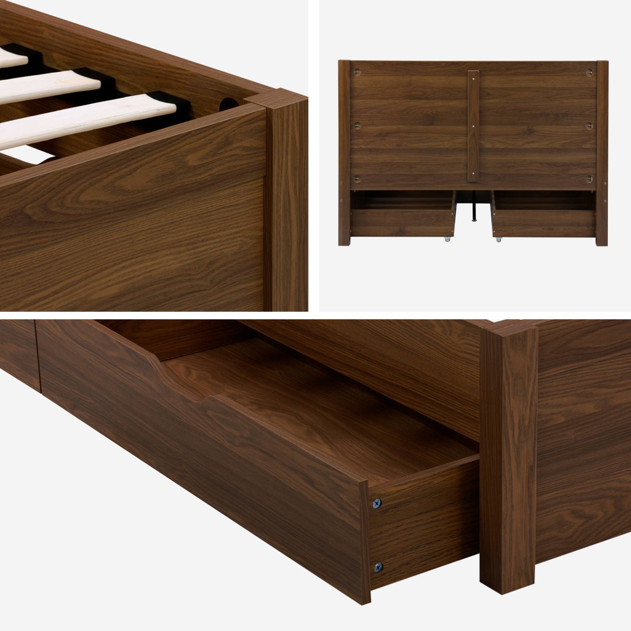 Lit avec sommier à lattes et tête de lit 140 x 190cm + 4 tiroirs décor bois NEPAL