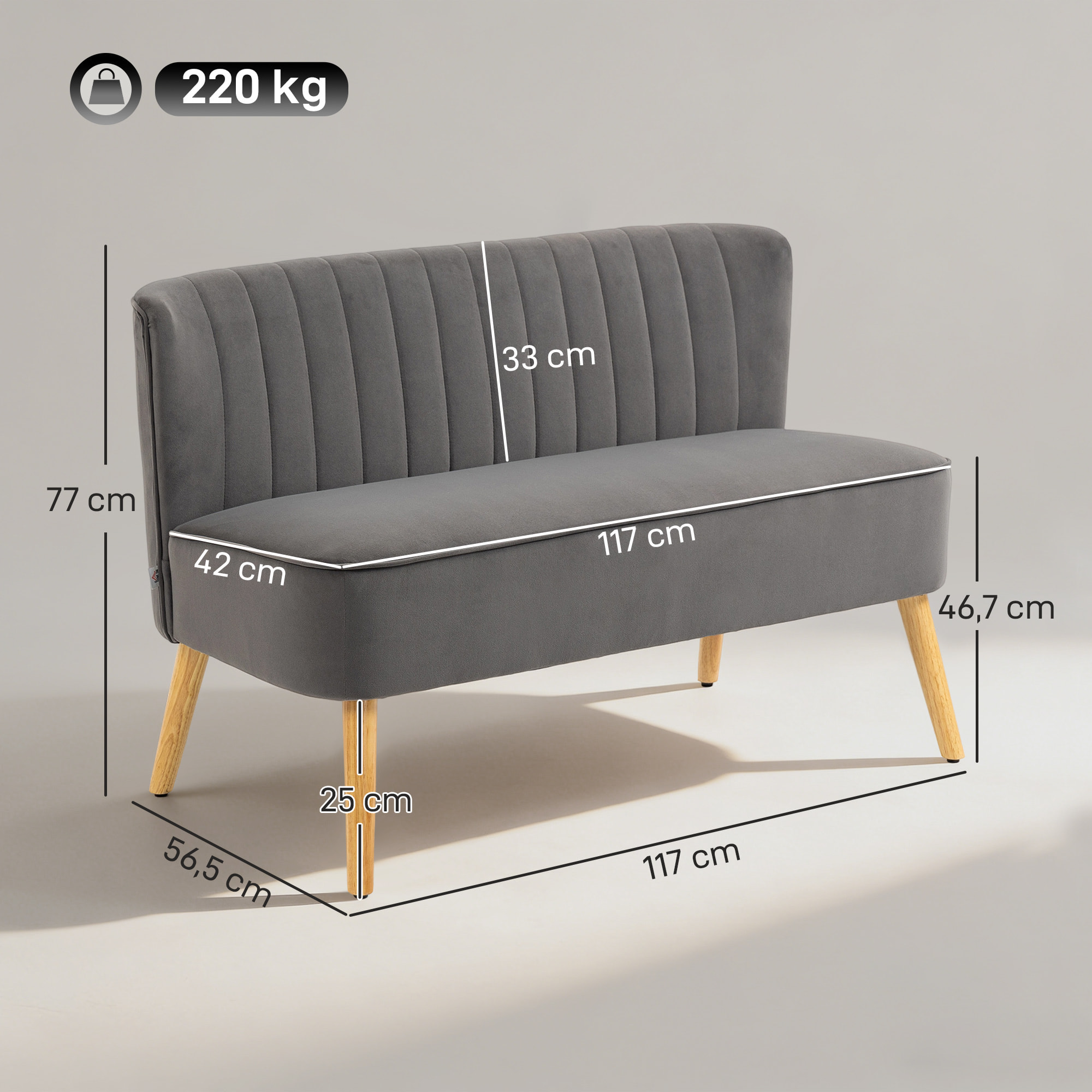 Sofá de 2 Plazas Tapizado en Terciopelo, Sofá Moderno con Asiento y Respaldo Acolchados, Patas de Madera de Caucho, Carga 220 kg para Dormitorio, Salón, Espacios Pequeños, Gris Oscuro