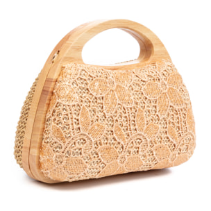 Ausa borsa a mano realizzata in legno naturale, con carta intrecciata e design in juta a rete di tessuto floreale