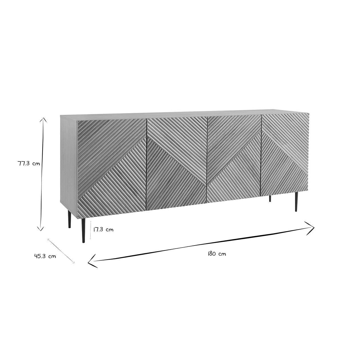 Buffet design en bois clair chêne massif gravé et métal noir 4 portes L180 cm ARCHIPEL