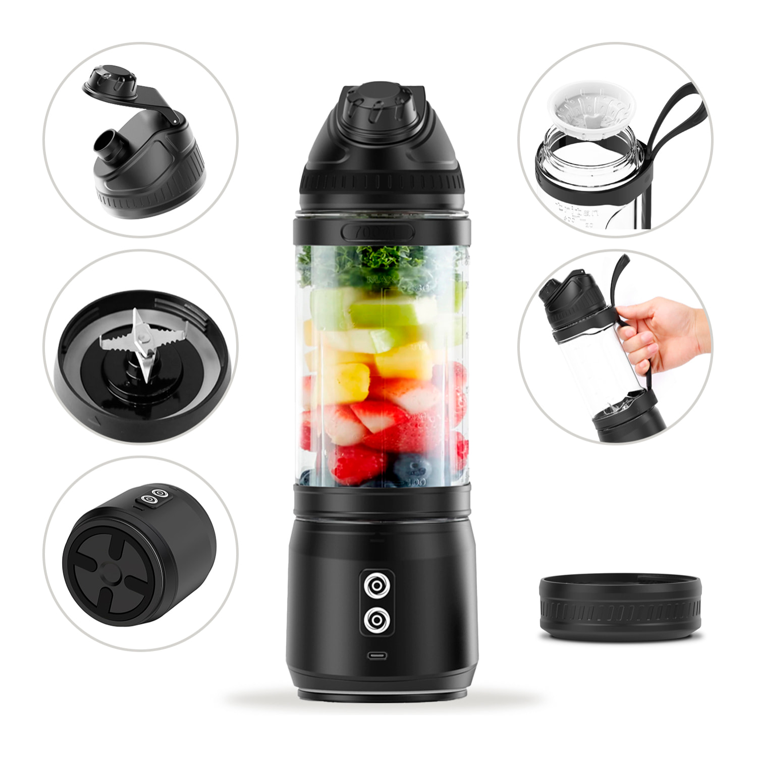 Frullatore portatile A11 Pro da 700 ml con potente motore da 240W, batteria ad alta capacità da 4000mAh e sistema di rotazione bidirezionale. Con luci LED.