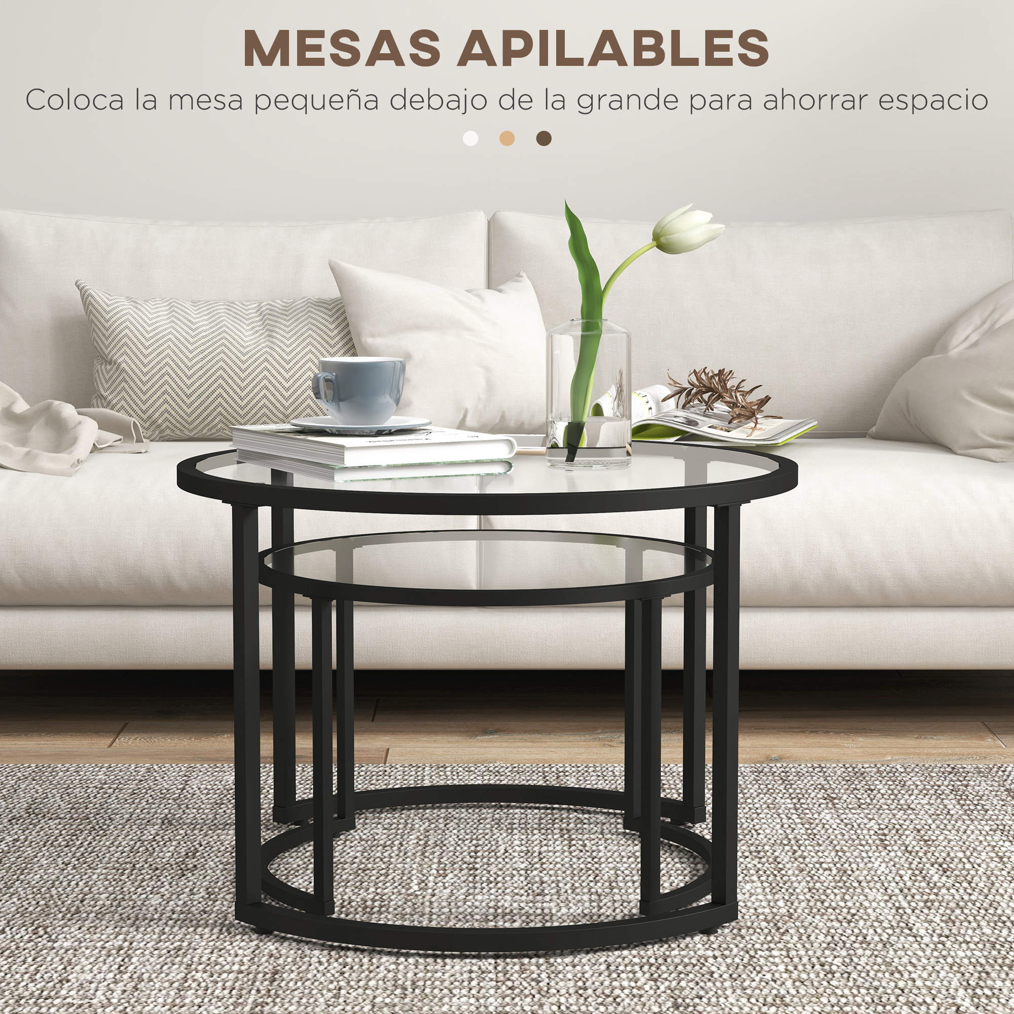 Juego de 2 Mesas Nido, Mesas de Centro para Salón Redondas, Tablero de Vidrio Templado y Marco de Acero, para Dormitorio y Oficina, Grande 70 cm, Pequeña 54 cm, Negro y Transparente