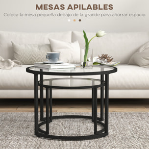 Juego de 2 Mesas Nido, Mesas de Centro para Salón Redondas, Tablero de Vidrio Templado y Marco de Acero, para Dormitorio y Oficina, Grande 70 cm, Pequeña 54 cm, Negro y Transparente