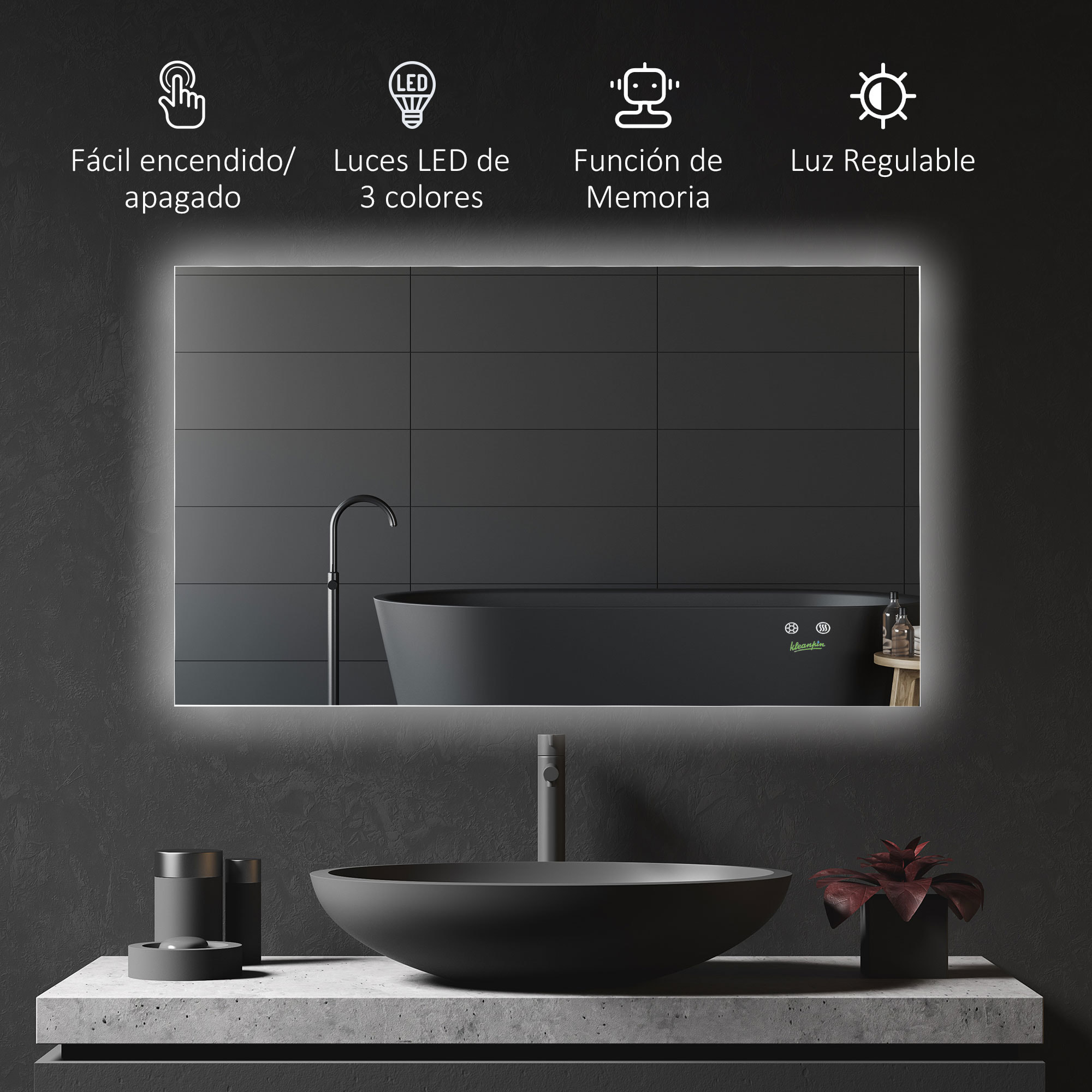 Espejo de Baño con Luz LED Espejo de Pared Antivaho 90x60 cm Interruptor Táctil 3 Luces Ajustable Función de Memoria y Marco de Aluminio Suspensión Vertical u Horizontal Plata