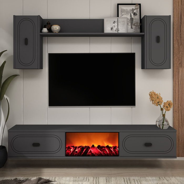 LEWES Ensemble meuble TV avec étagères murales et cheminée LED 150cm gris anthracite
