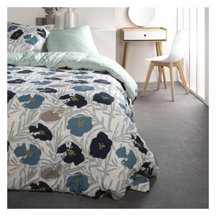 Parure de lit coton 2 personnes imprimé floral SUNSHINE bleu