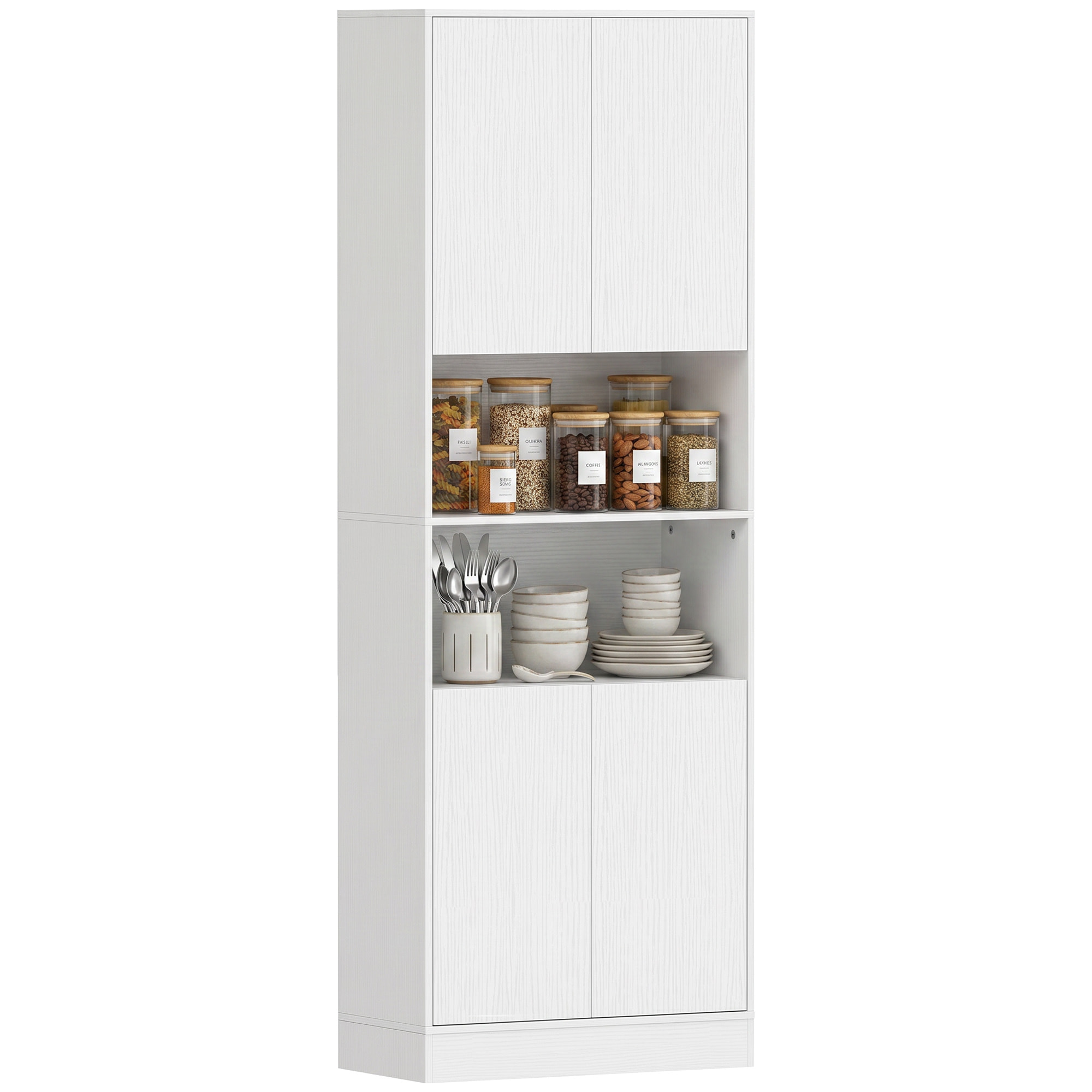 Alacena de Cocina Alta, Mueble Auxiliar de Cocina con 4 Puertas con Bisagras de Cierre Suave, Estantes Ajustables, 2 Compartimentos Abiertos, para Comedor, Salón, 60x30x170 cm, Blanco