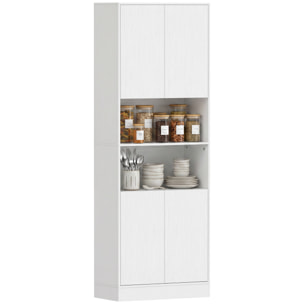 Alacena de Cocina Alta, Mueble Auxiliar de Cocina con 4 Puertas con Bisagras de Cierre Suave, Estantes Ajustables, 2 Compartimentos Abiertos, para Comedor, Salón, 60x30x170 cm, Blanco