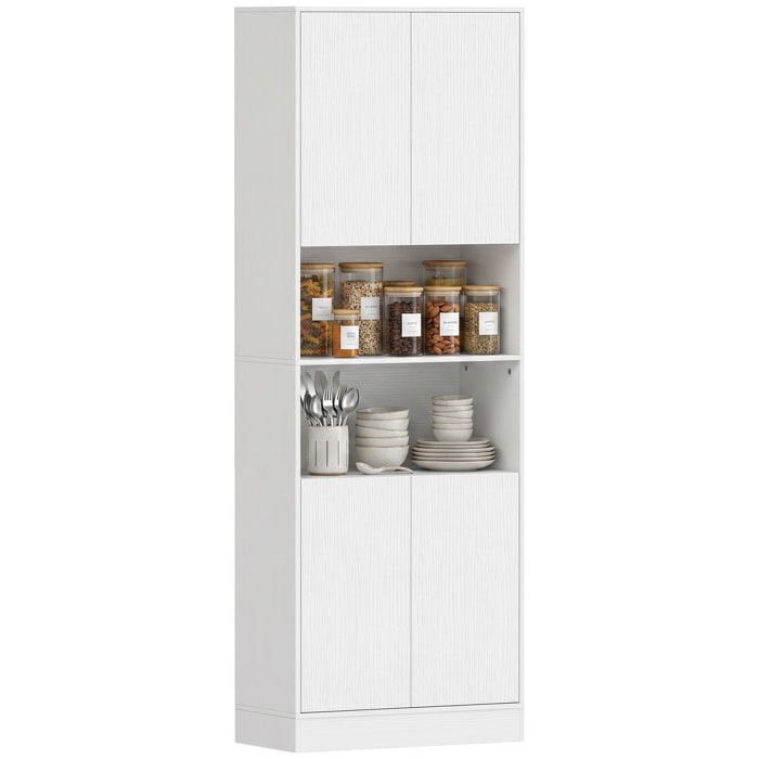 Alacena de Cocina Alta, Mueble Auxiliar de Cocina con 4 Puertas con Bisagras de Cierre Suave, Estantes Ajustables, 2 Compartimentos Abiertos, para Comedor, Salón, 60x30x170 cm, Blanco