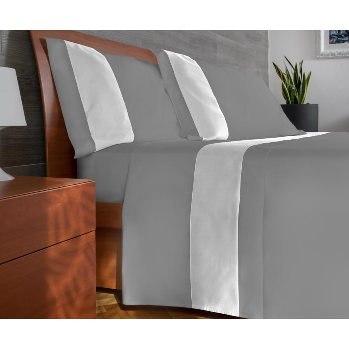 Completo letto bordo RASO IPERSAN Puro Cotone Bianco fondo Grigio