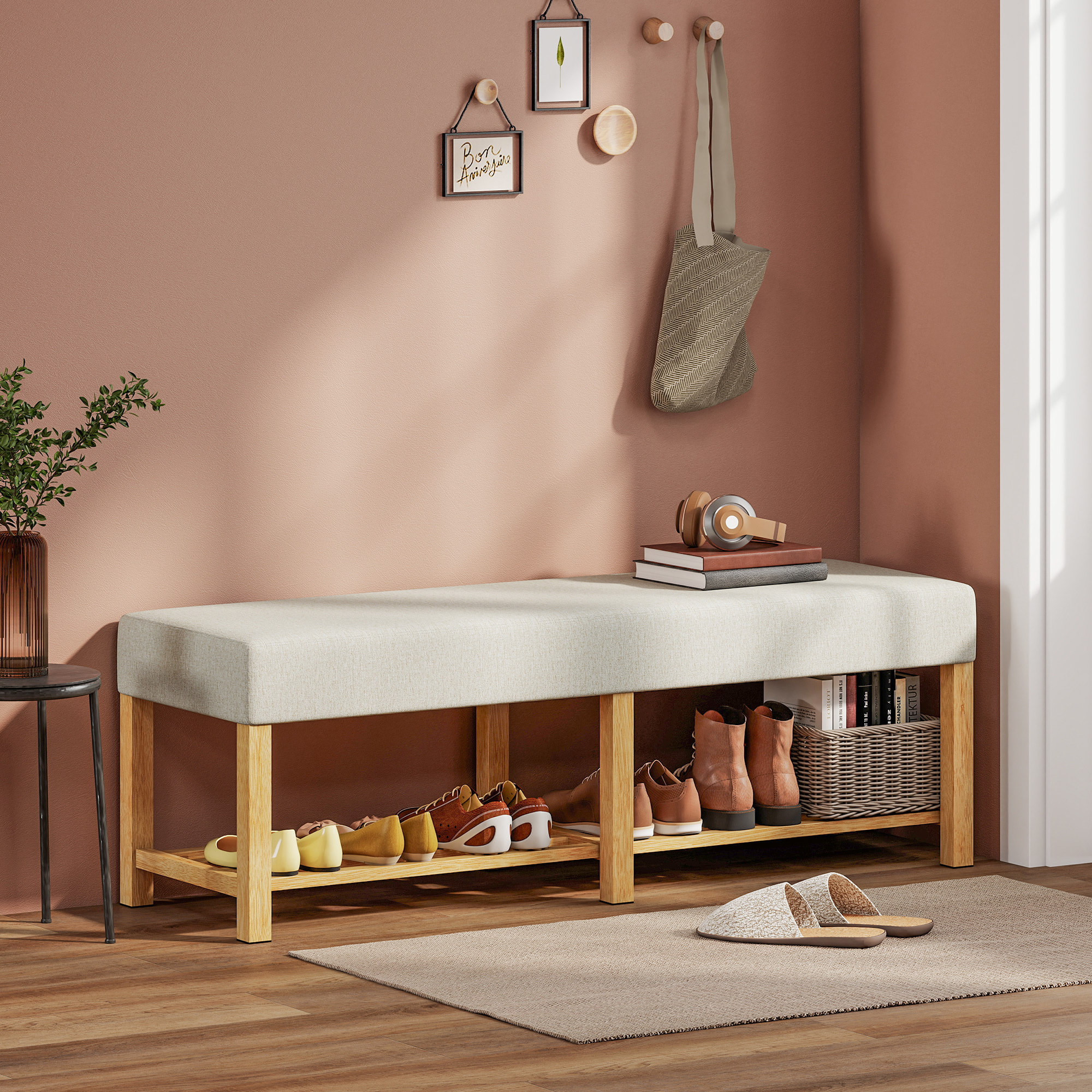 Banco Zapatero, Banco Recibidor Moderno, con Asiento Acolchado para 2 Personas, Estante Abierto, Marco de Madera, para Entrada, Pasillo, Salón, 140x44x48 cm, Crema y Madera Natural