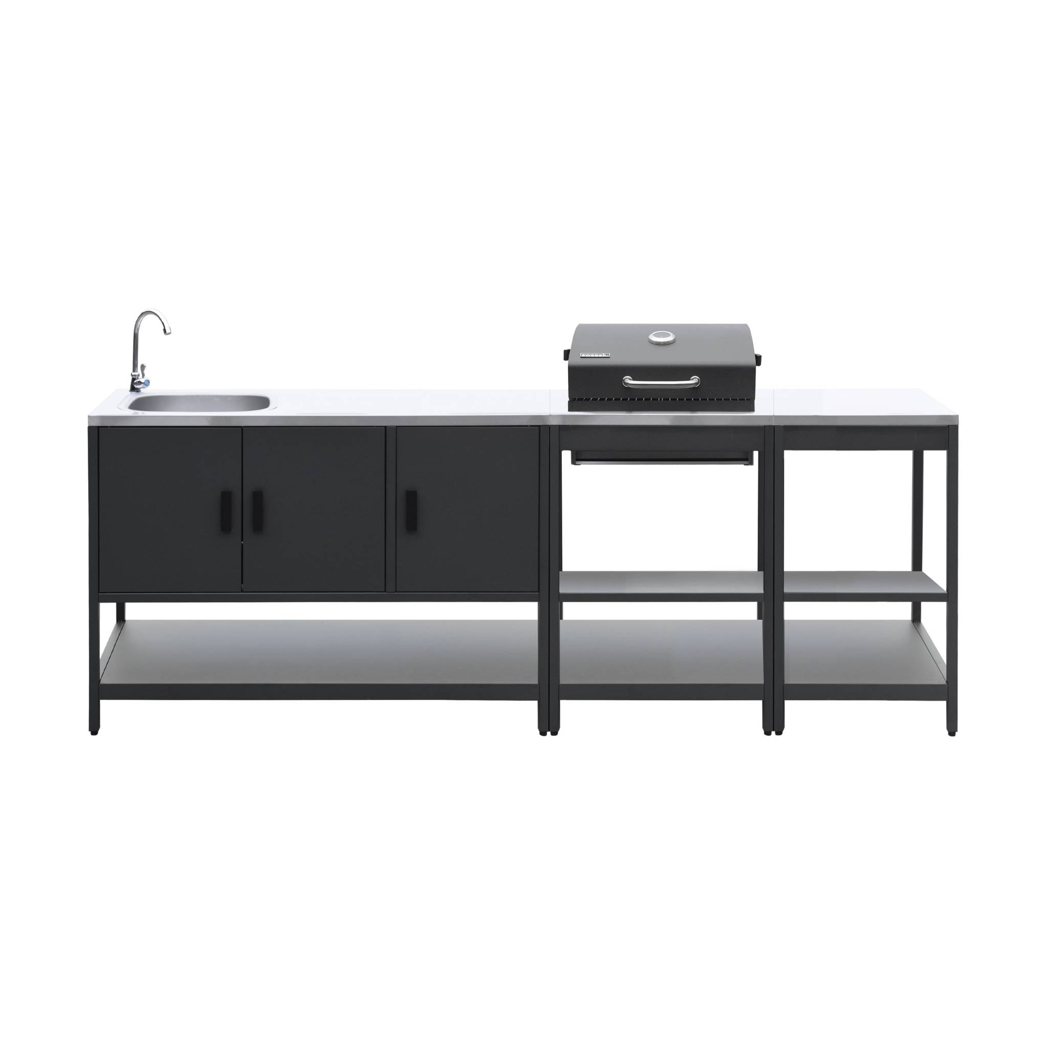 Cuisine extérieure 3 modules acier inoxydable avec barbecue charbon noir Naxos