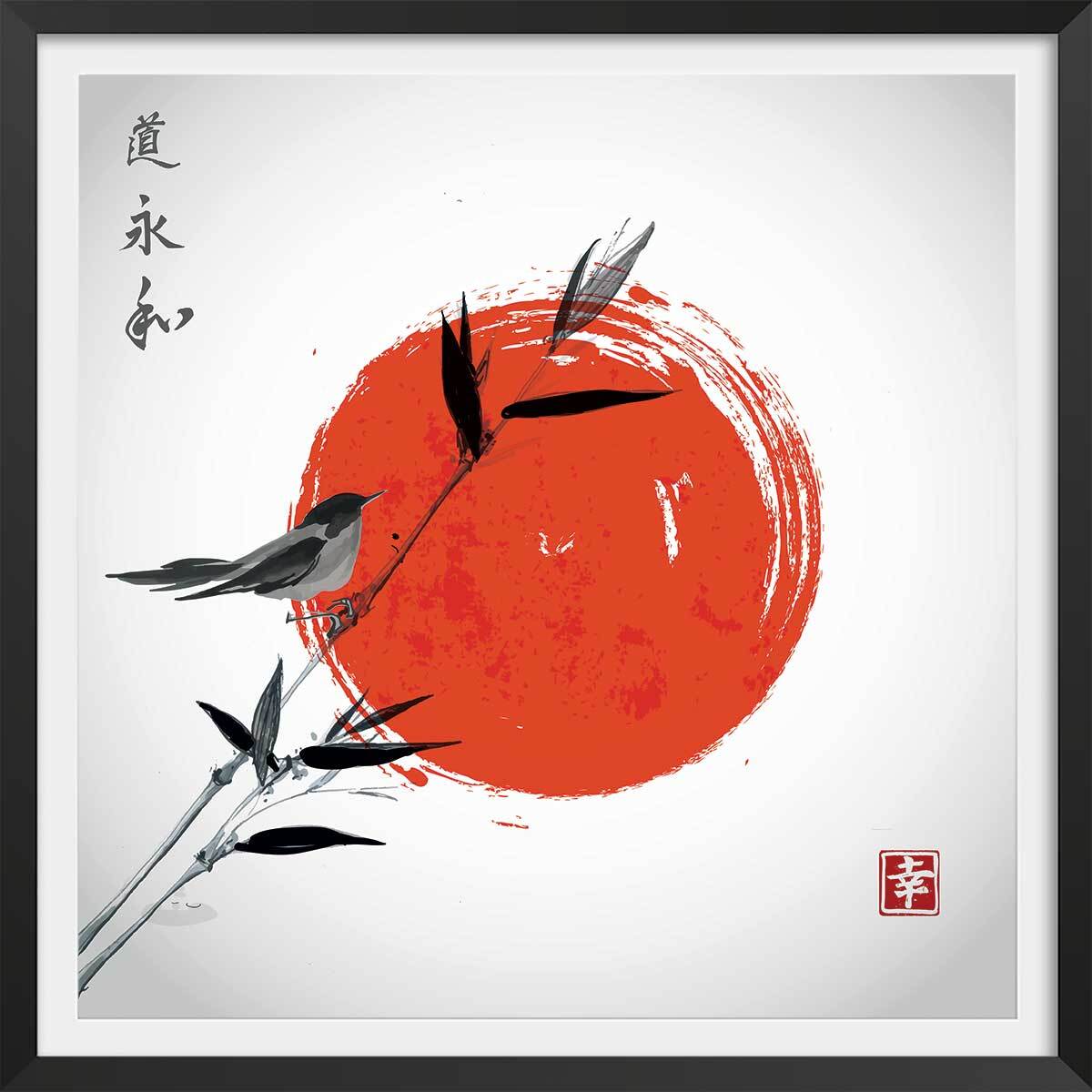 Affiche shinto et son rossignol Affiche sous cadre noir