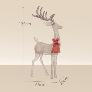 Grand renne de Noël lumineux H. 135 cm - renne lumineux extérieur 137 LED blanc chaud - noeud rouge