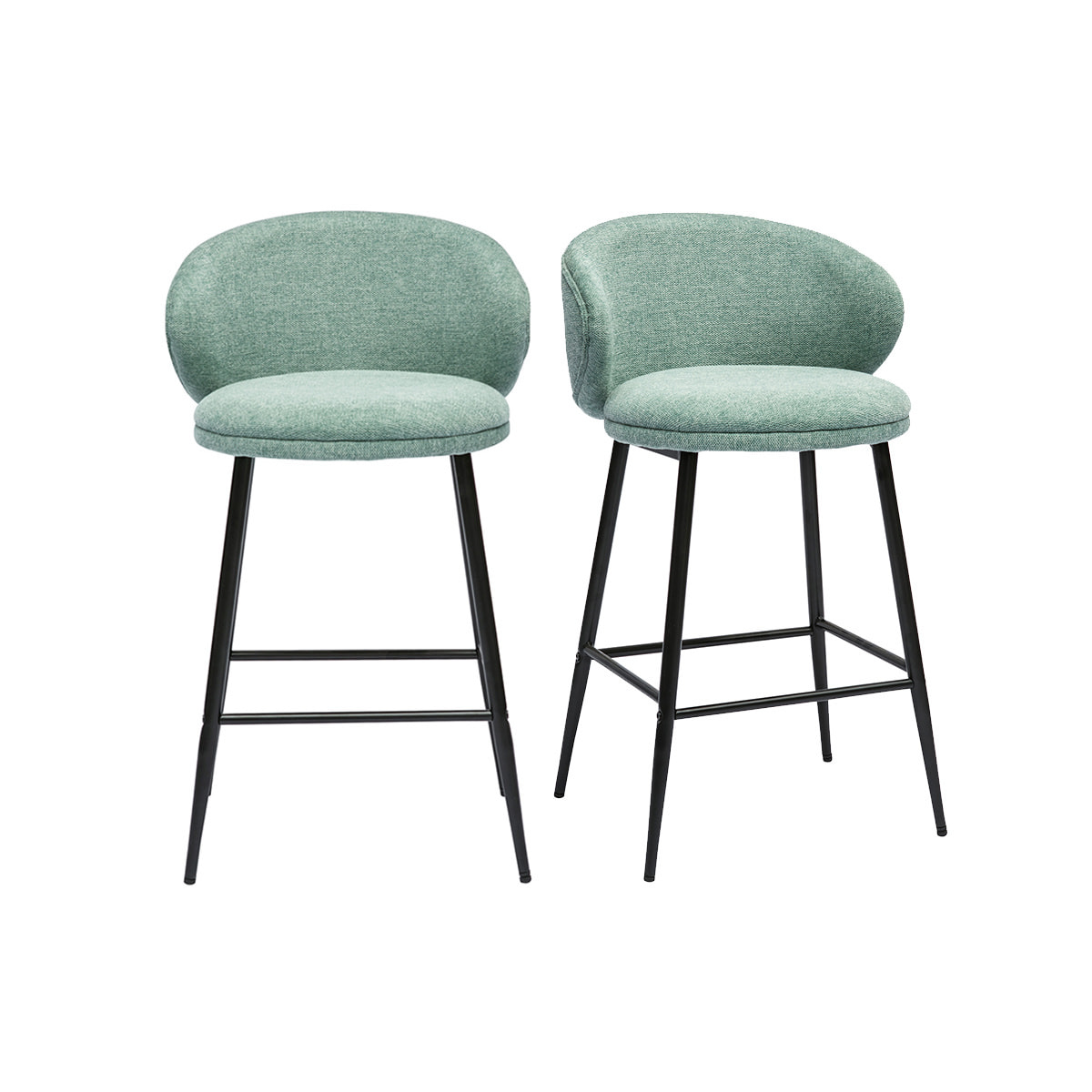 Tabourets de bar design en tissu effet velours texturé vert céladon et métal noir (lot de 2) ROSALIE