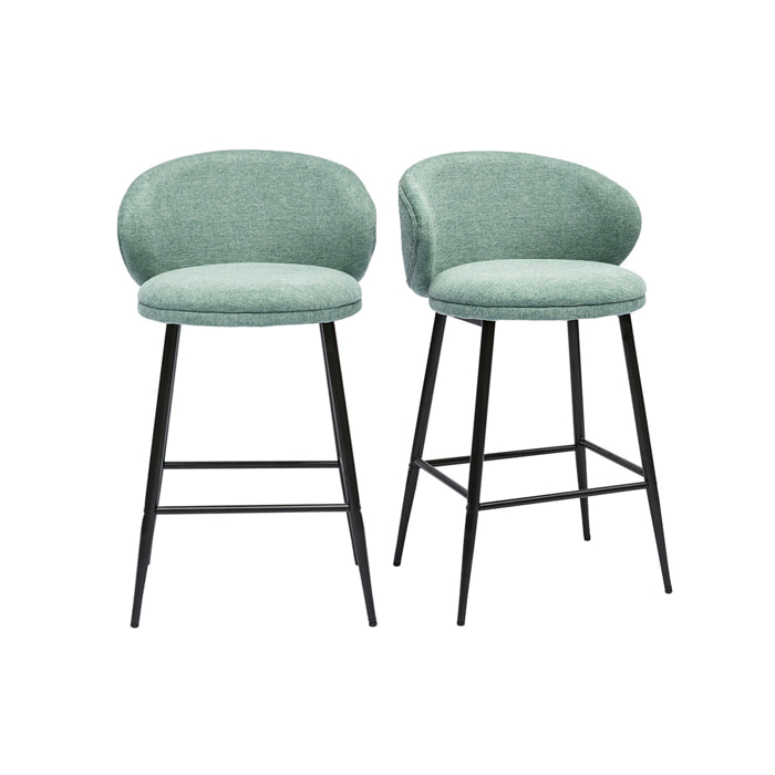 Tabourets de bar design en tissu effet velours texturé vert céladon et métal noir (lot de 2) ROSALIE