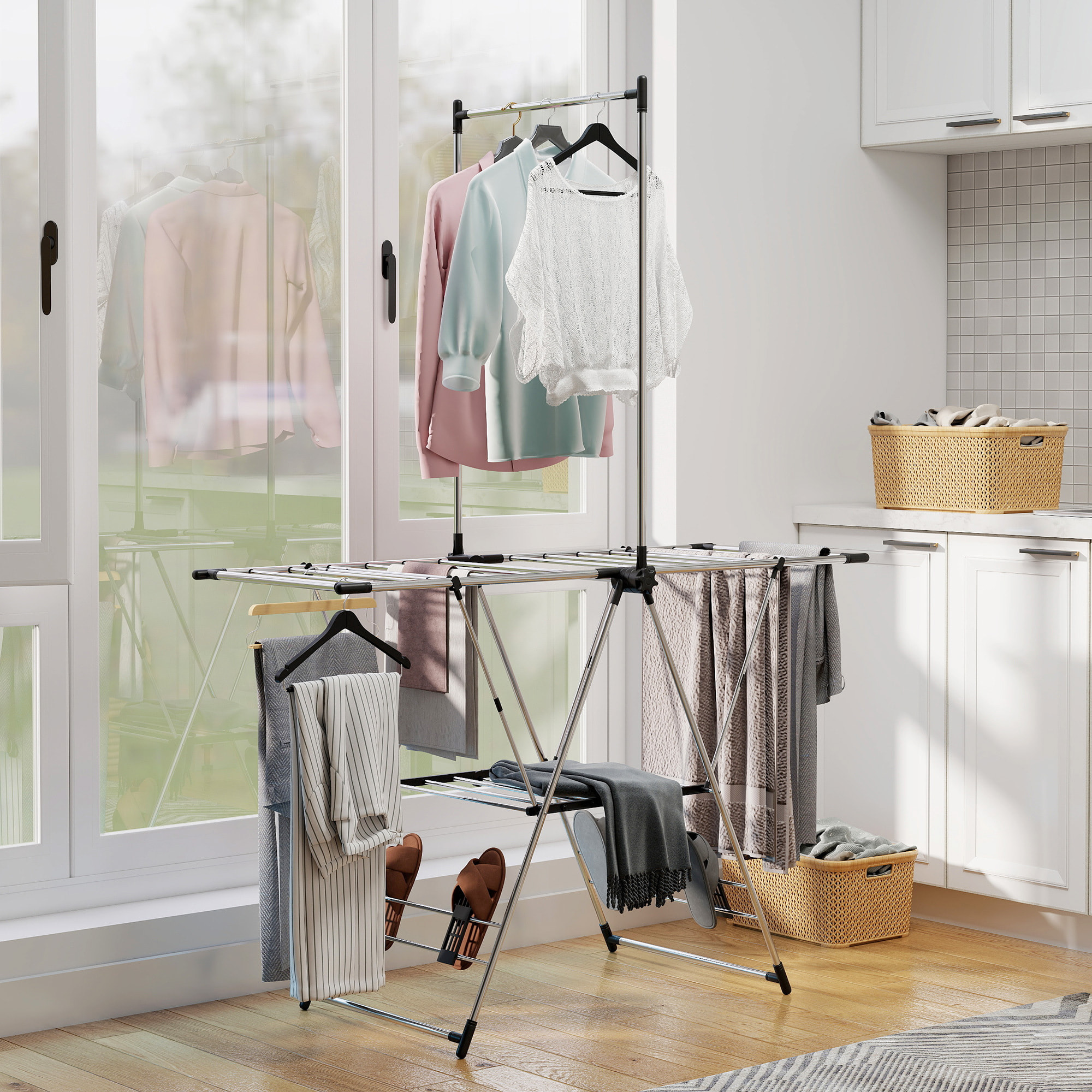 Étendoir pliable - séchoir à linge - ailes réglables, barre suspension - acier inox