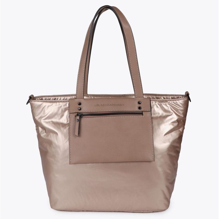 Shopper in Nylon Satinato con Dettagli Effetto Pelle