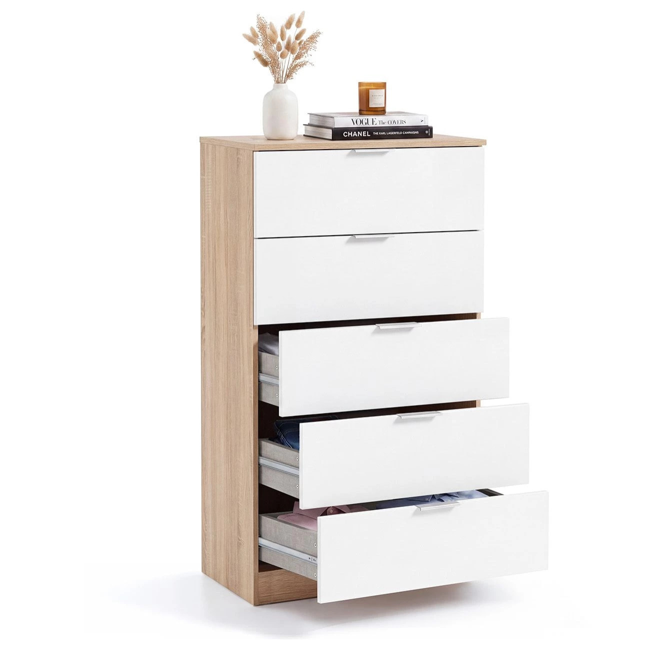 Cómoda alta de 5 cajones en blanco artik y roble canadian 60x110 cm Akari Blanco Artik (Blanco Mate) - Roble Canadian