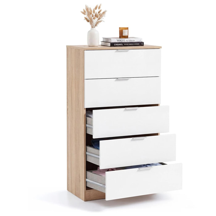 Cómoda alta de 5 cajones en blanco artik y roble canadian 60x110 cm Akari Blanco Artik (Blanco Mate) - Roble Canadian